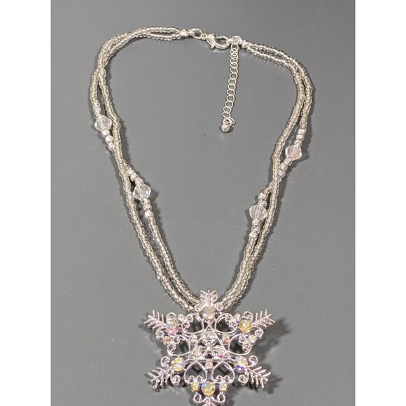 Winter Snowflake Pendant AB Rhinestone Glass and Acrylic Bead Necklace 19 in - Picture 3 of 10